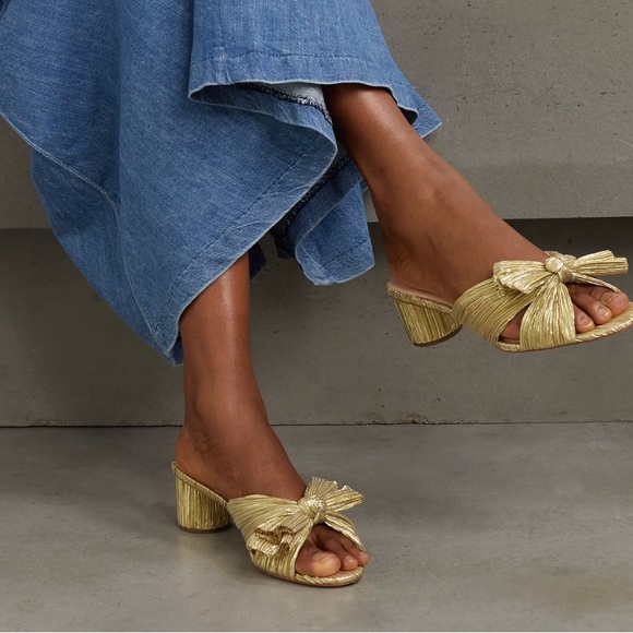 Loeffler Randall Emilia Slide Gold Bow Low Round Heel Crinkle Sandals Size 7.5 - Picture 3 of 12